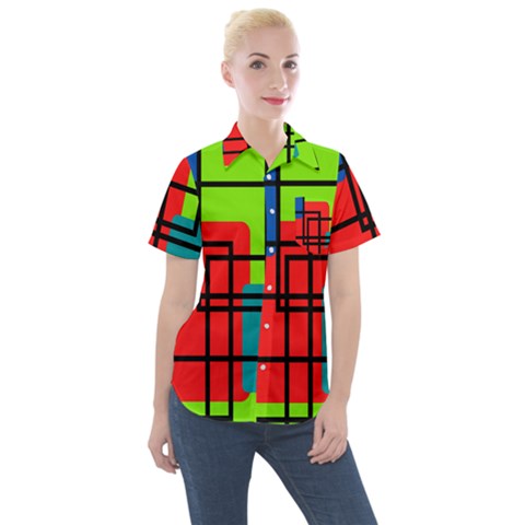 Colorful Rectangle Boxes Women s Short Sleeve Pocket Shirt by Magicworlddreamarts1