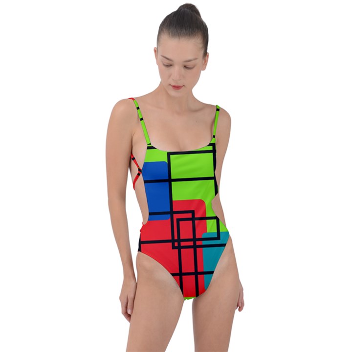 Colorful Rectangle boxes Tie Strap One Piece Swimsuit