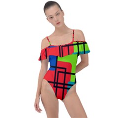 Colorful Rectangle Boxes Frill Detail One Piece Swimsuit by Magicworlddreamarts1