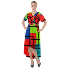 Colorful Rectangle Boxes Front Wrap High Low Dress by Magicworlddreamarts1