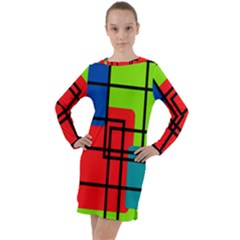 Colorful Rectangle Boxes Long Sleeve Hoodie Dress