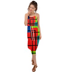 Colorful Rectangle Boxes Waist Tie Cover Up Chiffon Dress