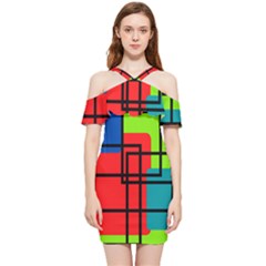 Colorful Rectangle Boxes Shoulder Frill Bodycon Summer Dress