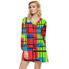 Colorful Rectangle Boxes Tiered Long Sleeve Mini Dress