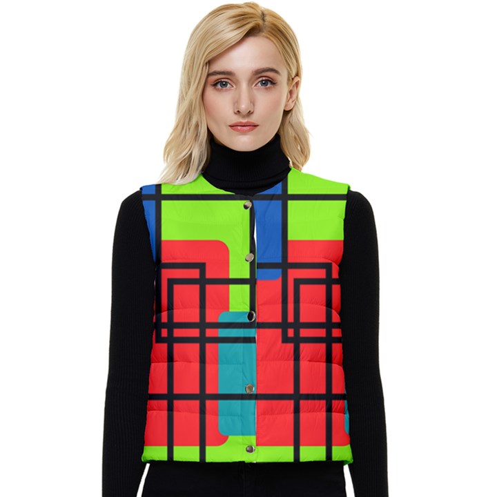 Colorful Rectangle boxes Women s Short Button Up Puffer Vest