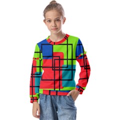 Colorful Rectangle Boxes Kids  Long Sleeve Tee With Frill 