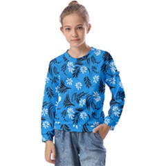 Folk Flowers Art Pattern Floral  Surface Design  Seamless Pattern Kids  Long Sleeve Tee With Frill 