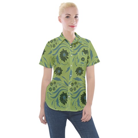 Folk Flowers Art Pattern Women s Short Sleeve Pocket Shirt by Eskimos