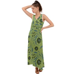 Folk Flowers Art Pattern V-neck Chiffon Maxi Dress by Eskimos