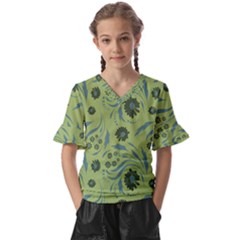 Folk Flowers Art Pattern Kids  V-neck Horn Sleeve Blouse by Eskimos