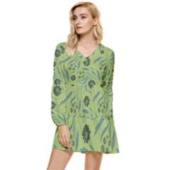 Folk Flowers Art Pattern Tiered Long Sleeve Mini Dress