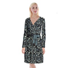 Folk Flowers Art Pattern Long Sleeve Velvet Front Wrap Dress by Eskimos