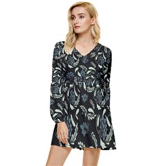 Folk Flowers Art Pattern Tiered Long Sleeve Mini Dress