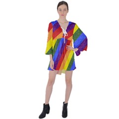 Lgbt Pride Motif Flag Pattern 1 V-neck Flare Sleeve Mini Dress by dflcprintsclothing