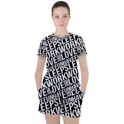 Sleep Work Love And Have Fun Typographic Pattern Women s Tee And Shorts Set by dflcprintsclothing