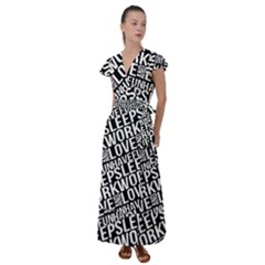 Sleep Work Love And Have Fun Typographic Pattern Flutter Sleeve Maxi Dress