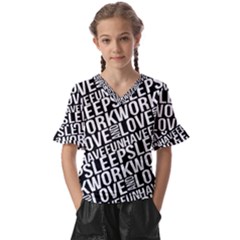 Sleep Work Love And Have Fun Typographic Pattern Kids  V-neck Horn Sleeve Blouse