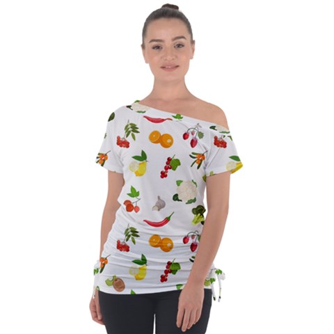 Fruits, Vegetables And Berries Off Shoulder Tie-up Tee by SychEva