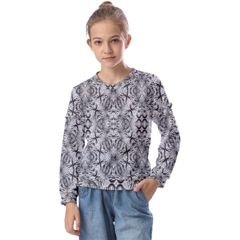 Black And White Ornate Pattern Kids  Long Sleeve Tee With Frill  by dflcprintsclothing