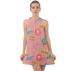 Toothy Sweets Halter Tie Back Chiffon Dress by SychEva