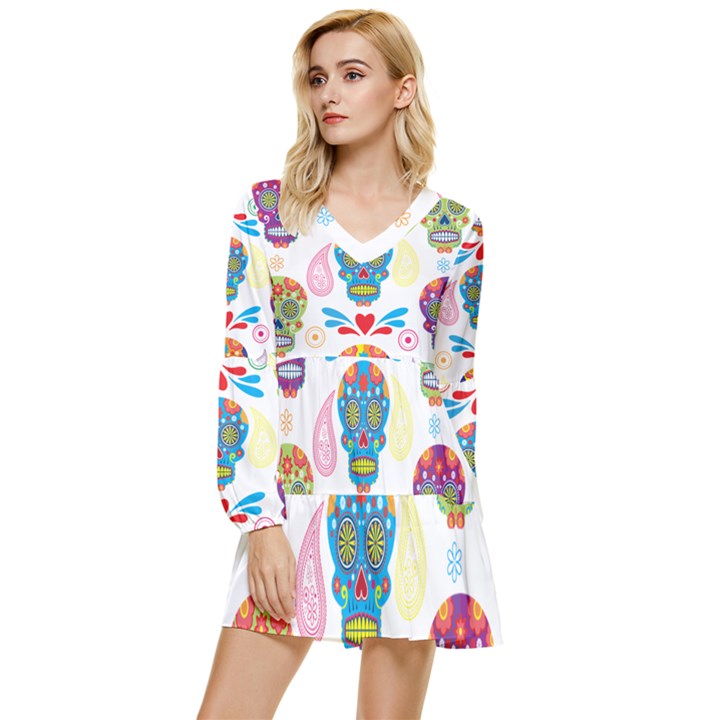 Boho Skull Vibe Tiered Long Sleeve Mini Dress