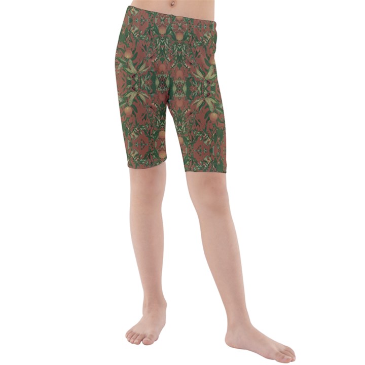 Modern Tropical Motif Print Kids  Mid Length Swim Shorts