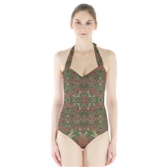 Modern Tropical Motif Print Halter Swimsuit by dflcprintsclothing