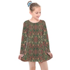 Modern Tropical Motif Print Kids  Long Sleeve Dress by dflcprintsclothing