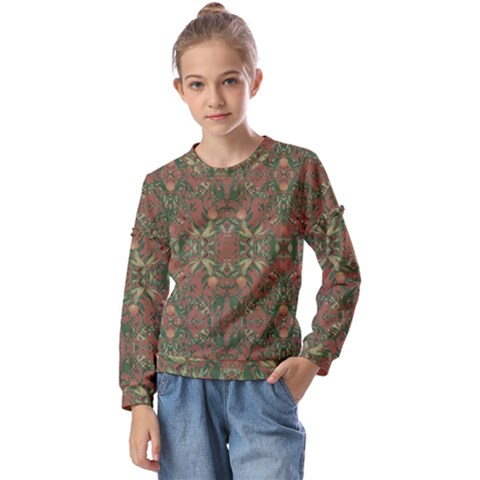 Modern Tropical Motif Print Kids  Long Sleeve Tee With Frill  by dflcprintsclothing