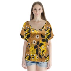 Folk Flowers Art Pattern  V-neck Flutter Sleeve Top by Eskimos