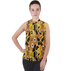 Folk Flowers Art Pattern  Mock Neck Chiffon Sleeveless Top