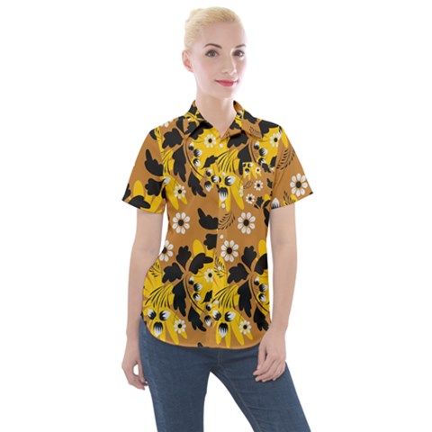 Folk Flowers Art Pattern  Women s Short Sleeve Pocket Shirt by Eskimos