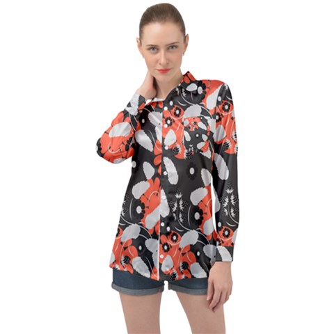 Folk Flowers Art Pattern Floral   Long Sleeve Satin Shirt by Eskimos