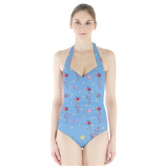 Baby Elephant Flying On Balloons Halter Swimsuit by SychEva