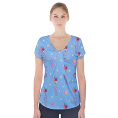 Baby Elephant Flying On Balloons Short Sleeve Front Detail Top by SychEva