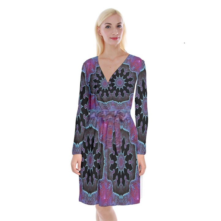 Framed Mandala Long Sleeve Velvet Front Wrap Dress