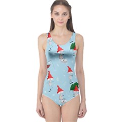 Funny Mushrooms Go About Their Business One Piece Swimsuit by SychEva