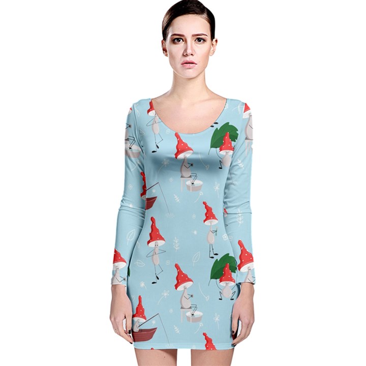 Funny Mushrooms Go About Their Business Long Sleeve Velvet Bodycon Dress