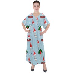 Funny Mushrooms Go About Their Business V-neck Boho Style Maxi Dress by SychEva