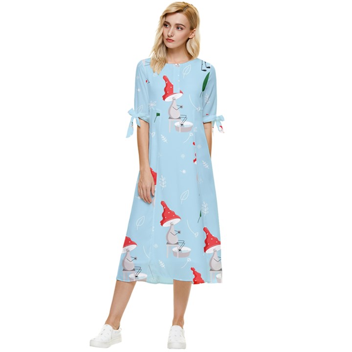 Funny Mushrooms Go About Their Business Bow Sleeve Chiffon Midi Dress