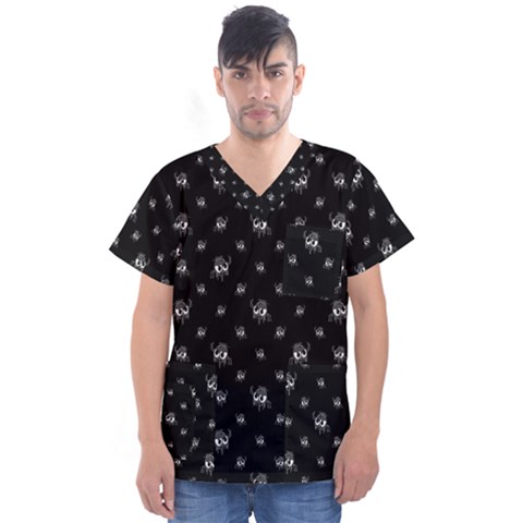 Black And White Funny Monster Print Pattern Men s V-neck Scrub Top by dflcprintsclothing