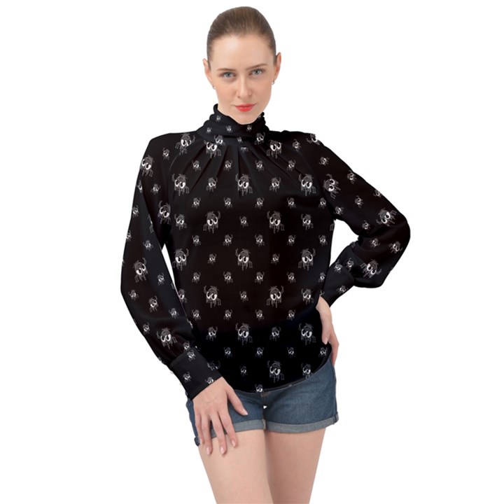 Black And White Funny Monster Print Pattern High Neck Long Sleeve Chiffon Top