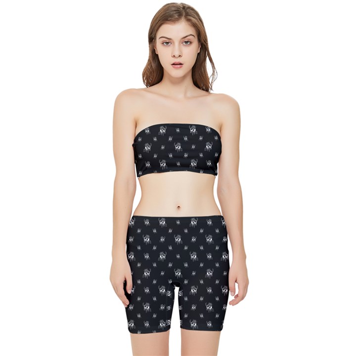 Black And White Funny Monster Print Pattern Stretch Shorts and Tube Top Set