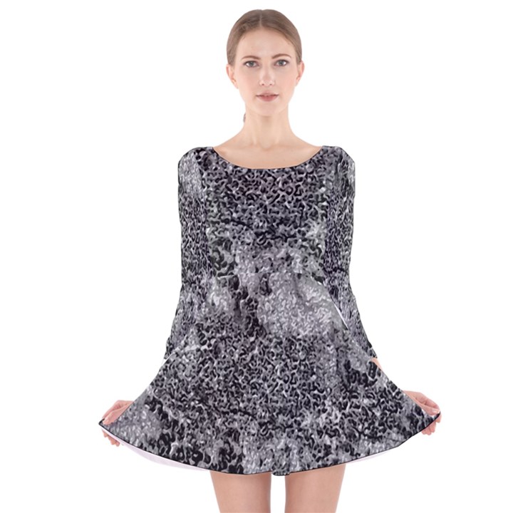 Grey And White Grunge Camouflage Abstract Print Long Sleeve Velvet Skater Dress