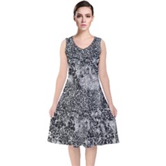 Grey And White Grunge Camouflage Abstract Print V-neck Midi Sleeveless Dress 