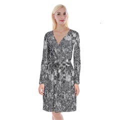 Grey And White Grunge Camouflage Abstract Print Long Sleeve Velvet Front Wrap Dress by dflcprintsclothing