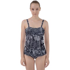 Grey And White Grunge Camouflage Abstract Print Twist Front Tankini Set by dflcprintsclothing