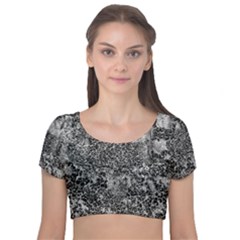 Grey And White Grunge Camouflage Abstract Print Velvet Short Sleeve Crop Top  by dflcprintsclothing