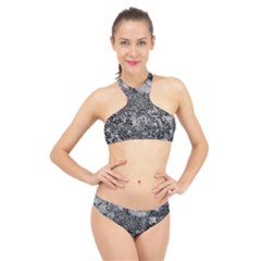 Grey And White Grunge Camouflage Abstract Print High Neck Bikini Set by dflcprintsclothing