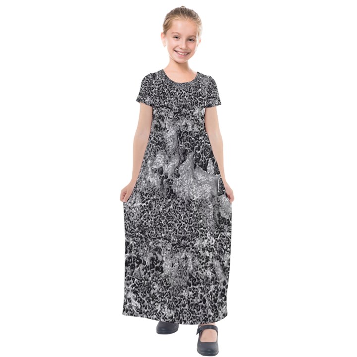 Grey And White Grunge Camouflage Abstract Print Kids  Short Sleeve Maxi Dress